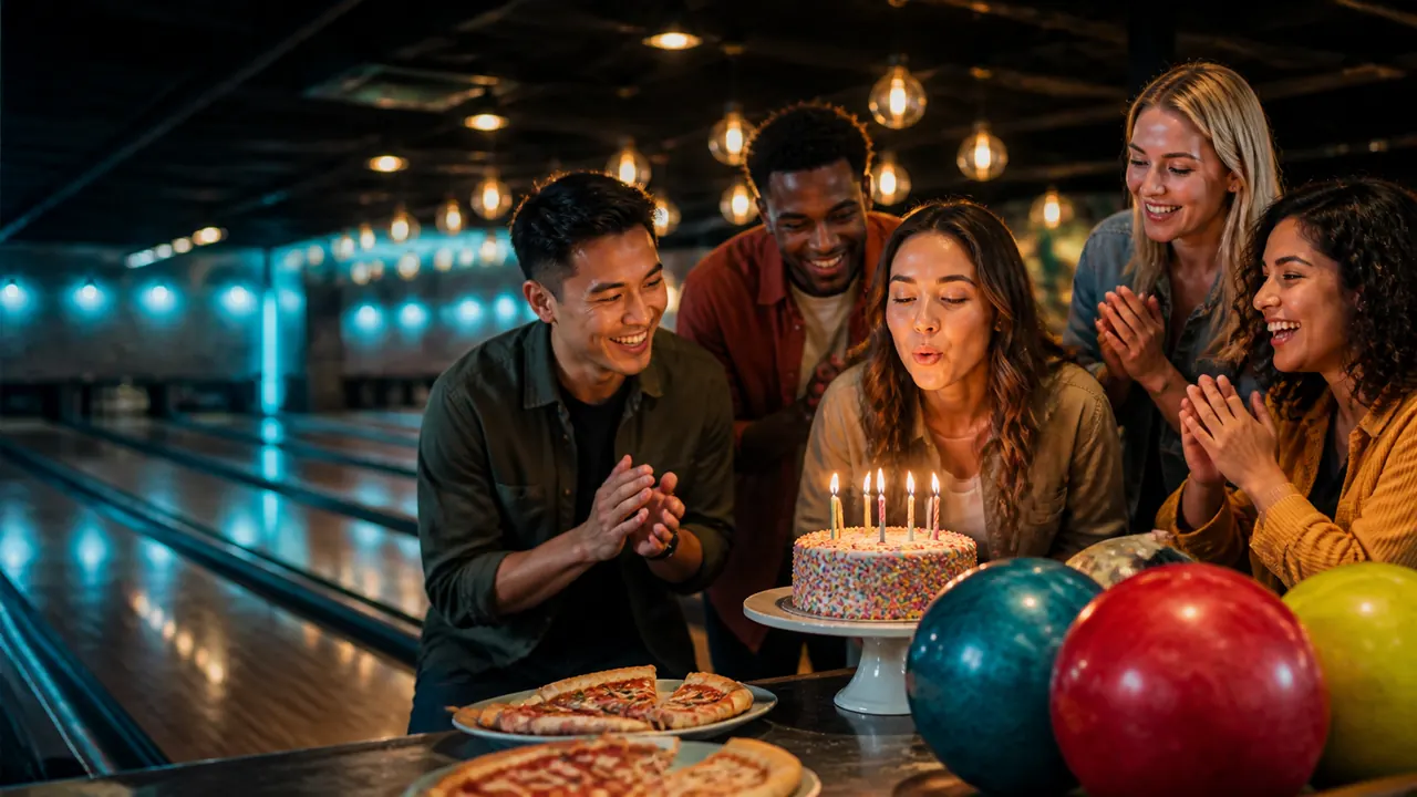 Friends celebrating a birthday with cake at the bowling lanes