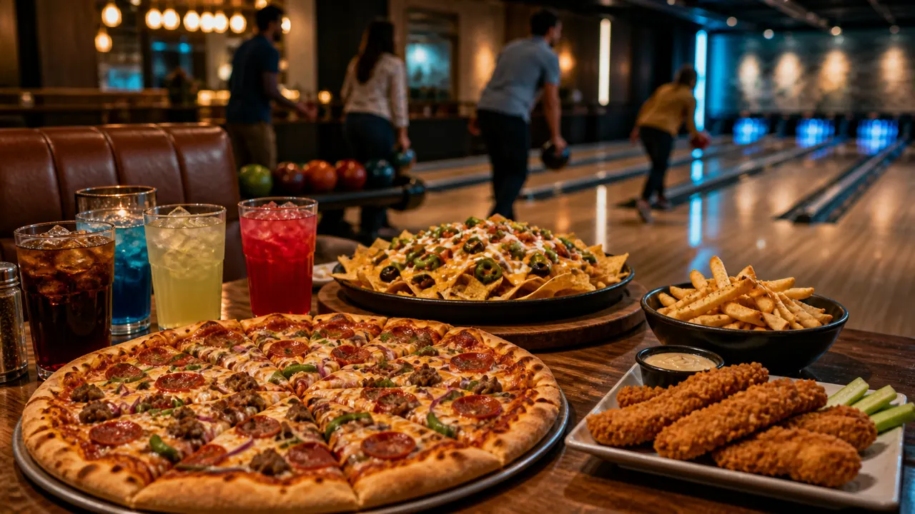 Pizza, nachos, fries and drinks on a table beside the lanes