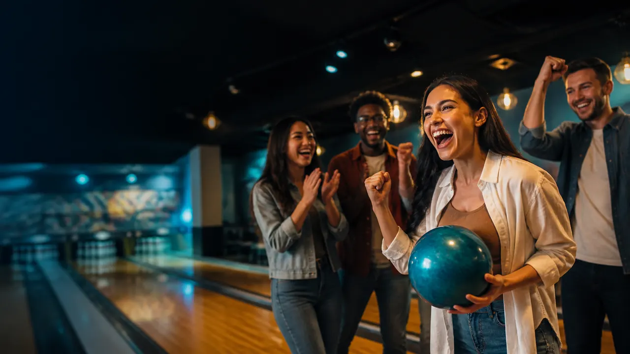 A bowler celebrating a strike while friends cheer at Lokay Lanes