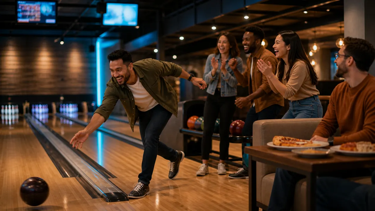 Friends bowling and cheering during open play at Lokay Lanes